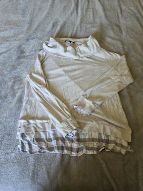 Zac & Rachel Cream Cowl-Neck Sweater with Plaid Layered Hem